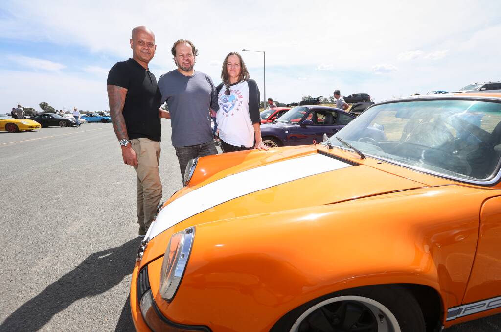 Pitstop: Porsche owners Sal Fernando, Mike Colody and Sharon Kalenjuk at the Barnawartha North test track which was set to up allow the visiting drivers to do laps.