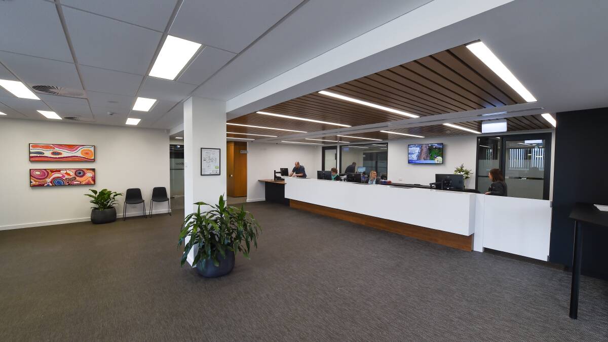 Fresh foyer: The new entrance area of Wodonga Council's building with the reception desk and entry to the meeting chamber obscured behind the pillar. Picture: MARK JESSER