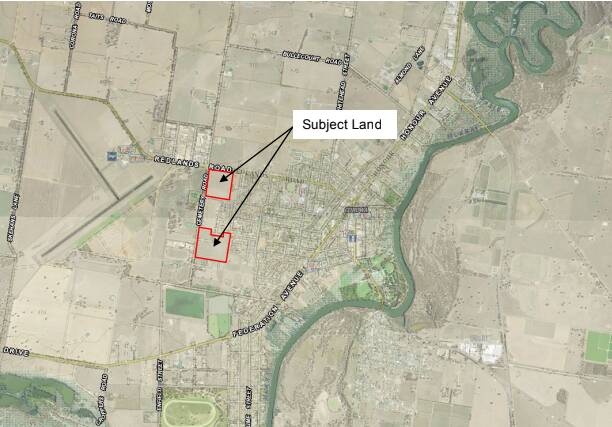 Earmarked: The two areas on the western side of Corowa which have been subject to plans for more than 300 blocks of land as part of a huge housing estate. Image is from a report submitted to Federation Council on behalf of the developer.