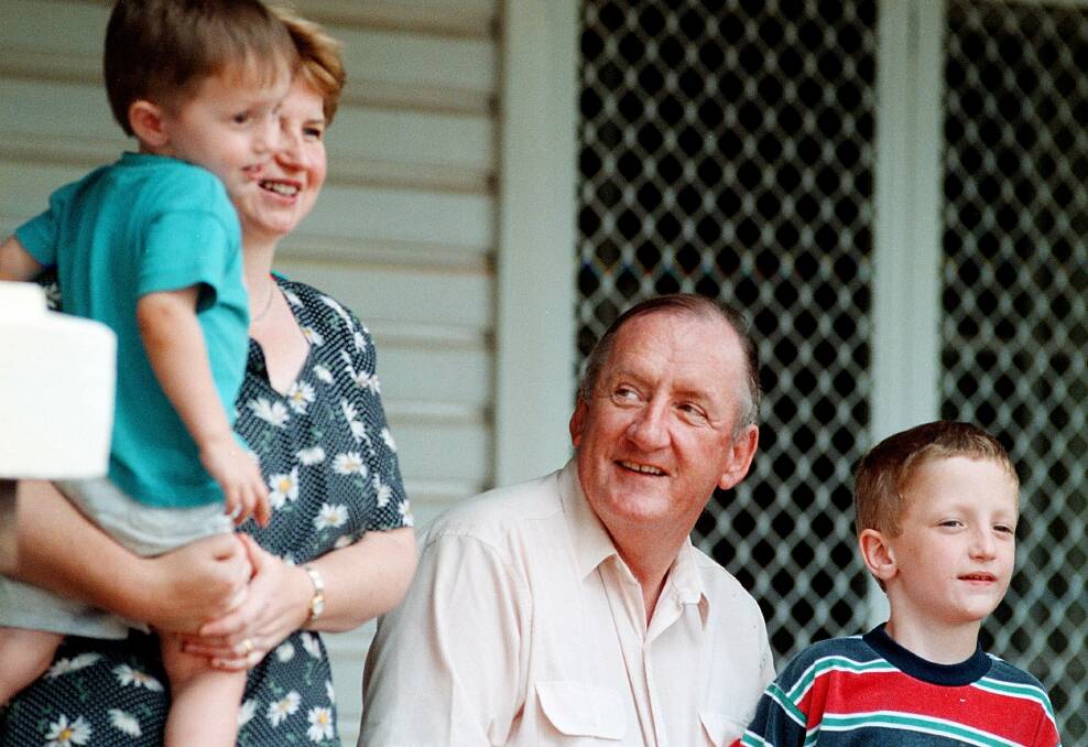 At home: Tim Fischer with wife Judy Brewer and their sons Dominic and Harrison at Peppers at Boree Creek in January 1999 when he was acting prime minister.
