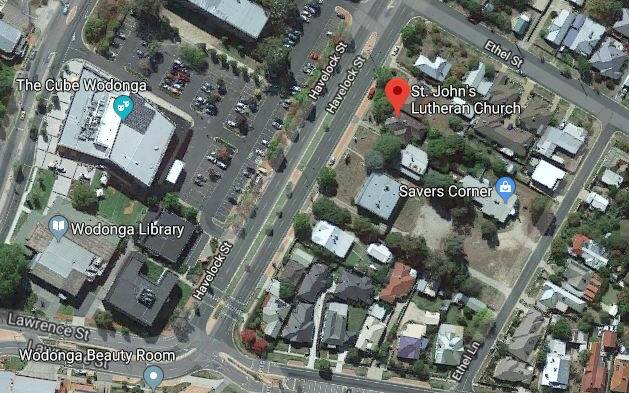 Overview: A Google Earth view of the Lutheran church land, which includes the Savers Corner op shop, that has been the subject of a council development approval that would see 18 townhouses built between Havelock Street and Ethel Lane.