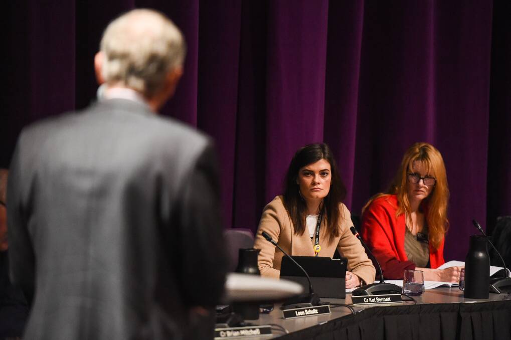 All ears: Acting Wodonga mayor and meeting chairwoman Kat Bennett and Wodonga Council business services director Narelle Klein listen as Charlie Mitchell puts his case at The Cube on Monday morning. 