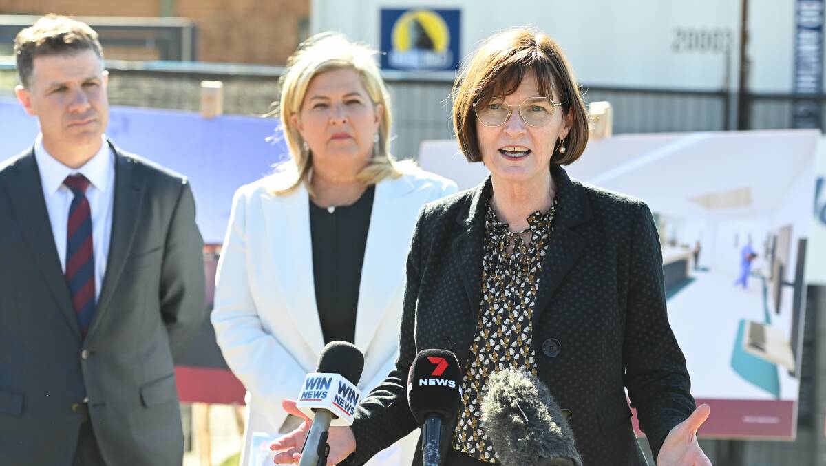 Not saying: Mary-Anne Thomas speaks to the media during her visit to Albury hospital last month. She referred to the stop-off in her answer in parliament on Thursday but would not talk about a new hospital.
