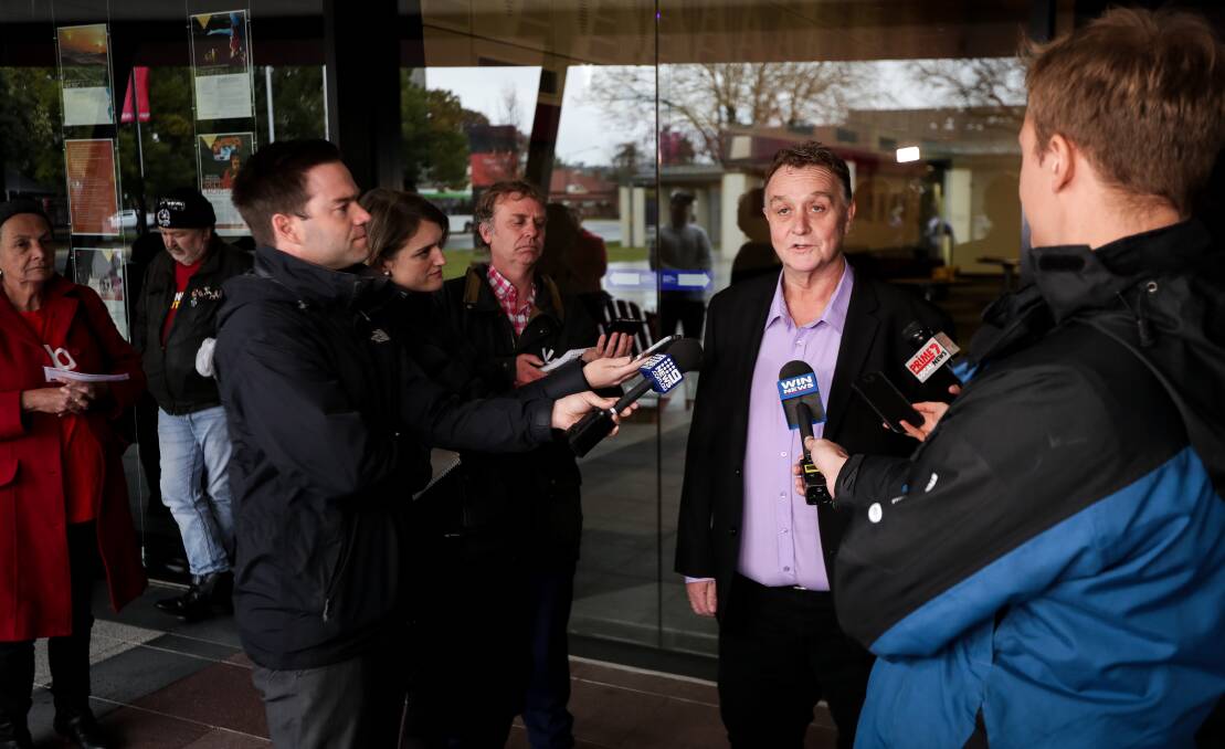 In the running: Mark Tait addresses the media after announcing his candidacy for Benambra at The Cube in Wodonga on Friday morning. Picture: JAMES WILTSHIRE