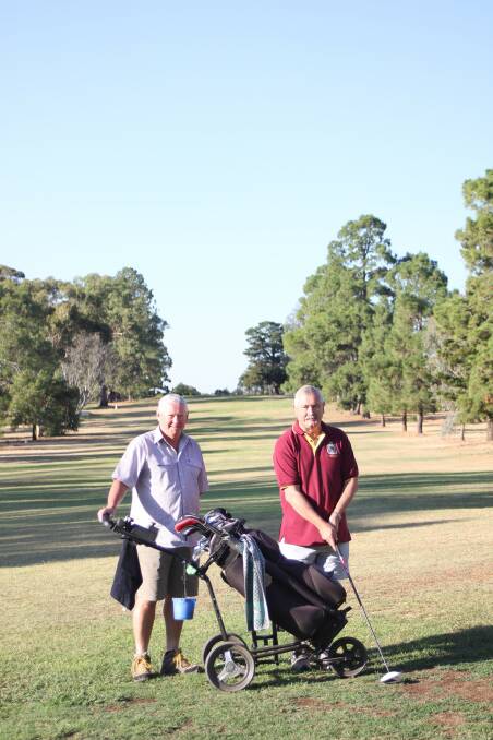 Ready to chip in: Rutherglen Golf Club captain David Ward and Legacy golf day co-ordinator Noel Hince prepare for Sunday's fundraiser. Picture: COROWA FREE PRESS