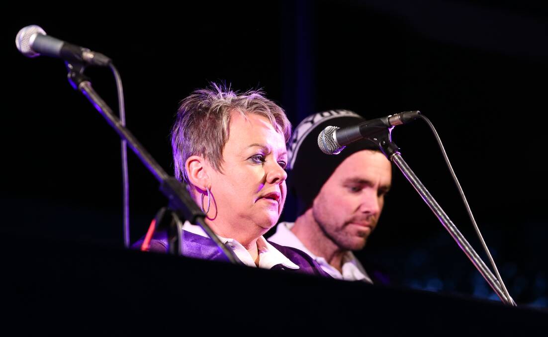 Emotional evening: Sharon Jacka addresses the Relay for Life in 2016 while on stage with her son Karl, who died early the next year.