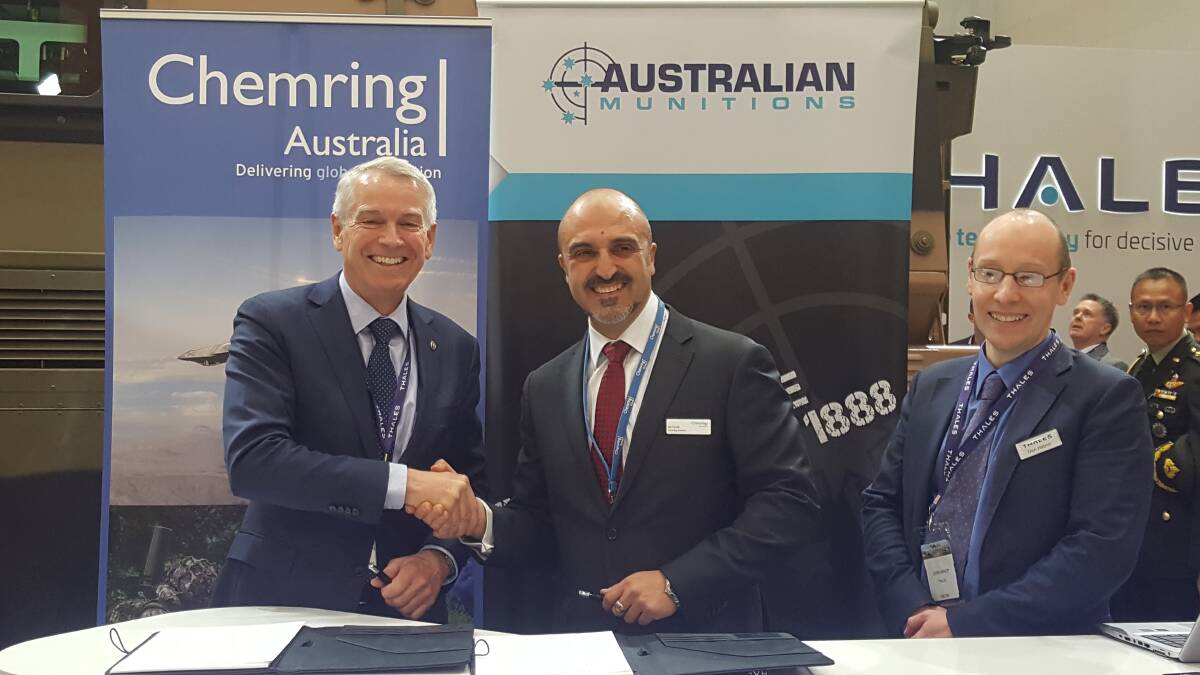 Signed up: Thales Australia chief executive Chris Jenkins, Chemring Australia managing director Joe Farrah and Thales managing director Dion Habner following the ratifying of their deal on grenade development finalised in Adelaide on Tuesday.