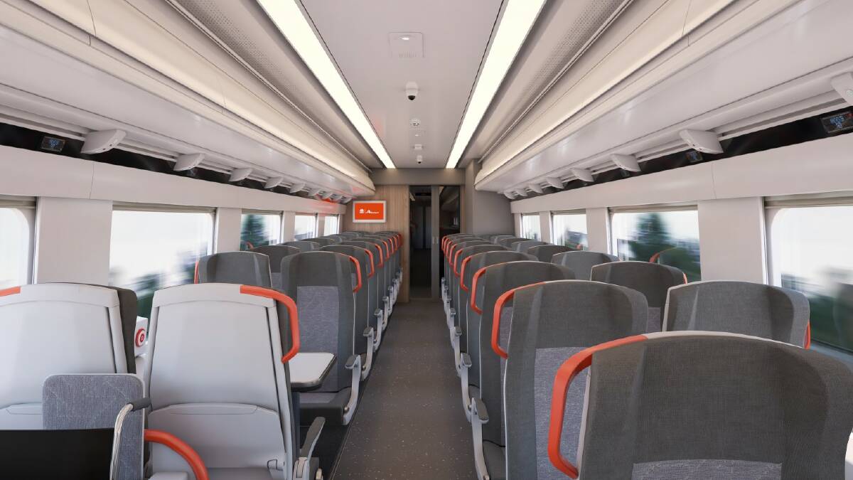 Inside view: An image of the interior of economy class carriages and the seat desgn under the blueprints being proposed for new regional NSW trains. Picture: TRANSPORT FOR NSW