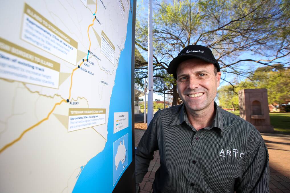 On PR track: Australian Rail Track Corporation project design manager Linton Gloster with a map of the inland freight route on display at a stand in Albury's QEII Square yesterday. Picture: JAMES WILTSHIRE