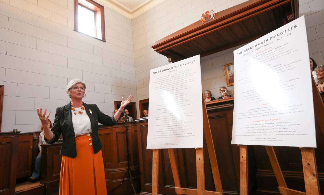 Making her point: Helen Haines outlines her principles for the establishment of a national integrity commission during a speech at the Beechworth Court House earlier this year.