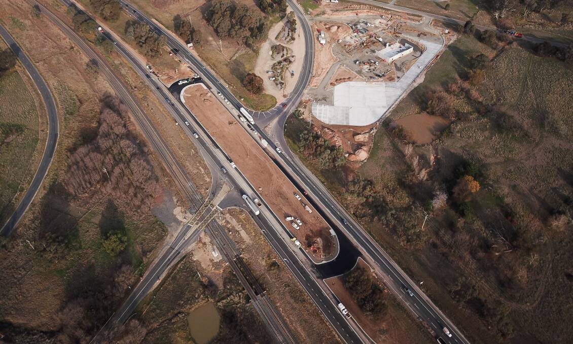 Costly rejig: The revamped Hume Freeway-McKoy Street intersection from the air. Another $40,000 is being spent on safety improvements after poor initial design work.