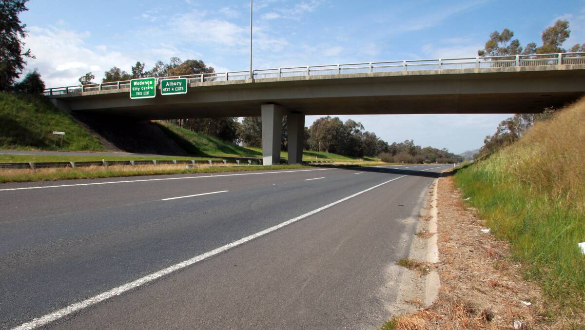 Rarity: Unlike other freeway bridges in Albury, the overpass at Melrose Drive in Wodonga does not have safety barriers, something that is set to be rectified.