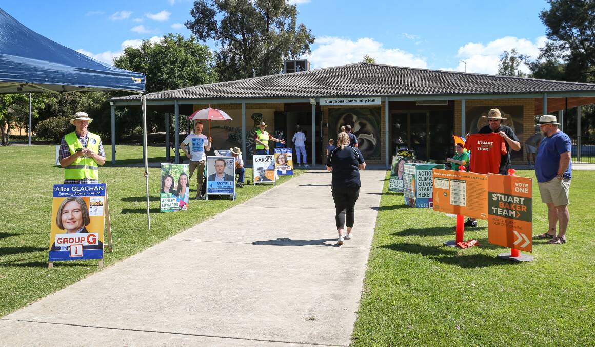 Flashback: A Thurgoona voting booth for the Albury Council election in December with Stuart Baker posters on display stating his team's commitment to transparency.
