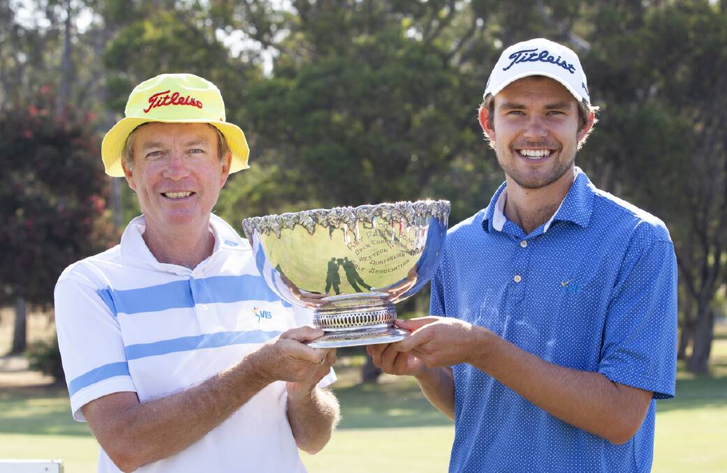 Winners are grinners: Craig Murray and son Zach show off the WA Open trophy. Murray senior caddied for his son over the tournament. Picture: PGA Australia  
