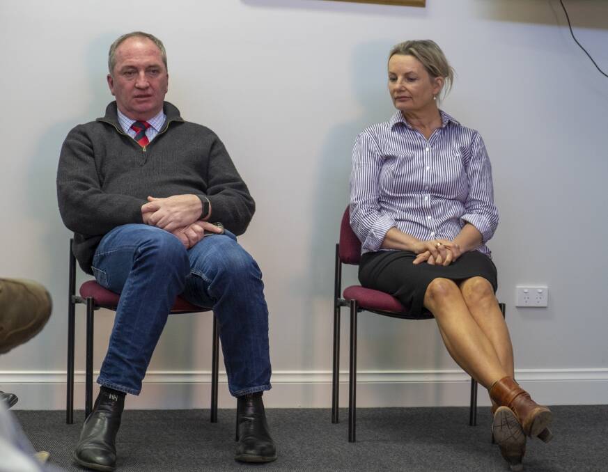 On the road: Barnaby Joyce and Sussan Ley at the Hay Shire council office during the drought envoy's tour of the western Riverina earlier this month. Picture: RIVERINE GRAZIER 