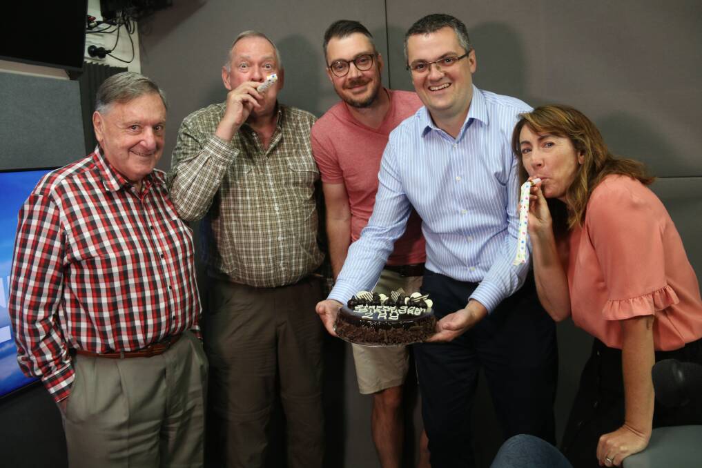 Hooray: Paul McSwiney and Andy Walker, content director Dave Brunton and Kev Poulton and Kylie King celebrate 2AY's 90th birthday.