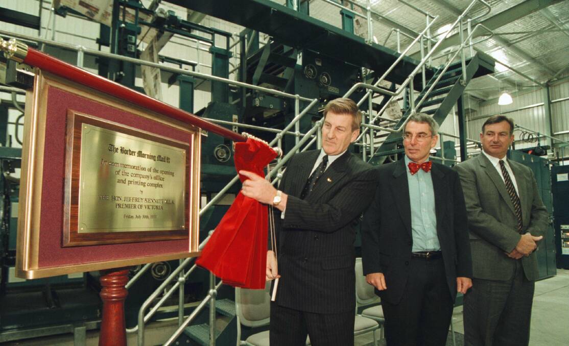 Flashback: Then Victorian Premier Jeff Kennett opens The Border Mail Wodonga office in 1999 with the company's board chairman Robert Mott and chief executive Tony Whiting watching on.