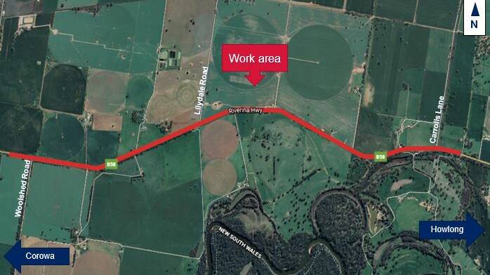 Prepare to slow down: A map showing the section of the Riverina Highway between Corowa and Howlong which will be upgraded.
