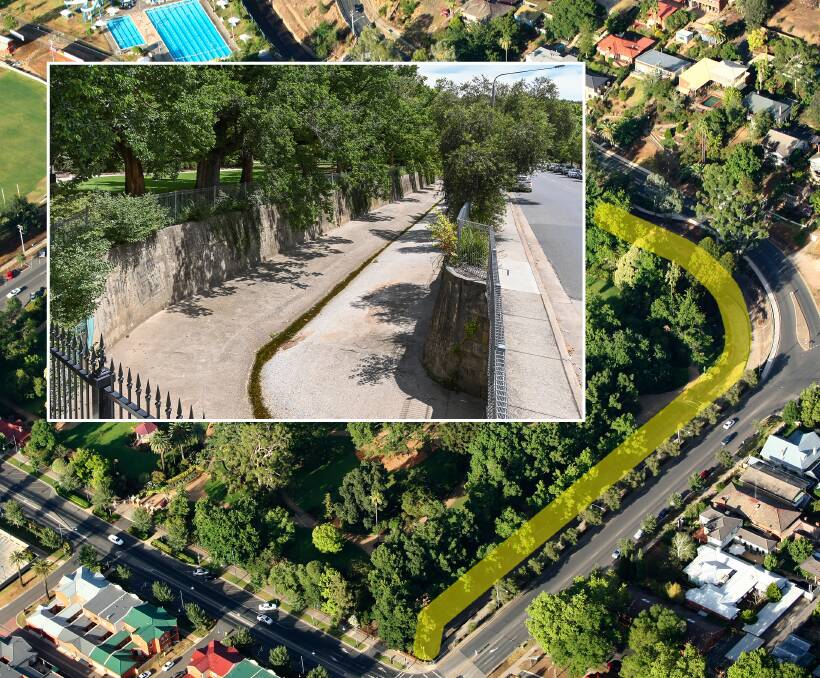 From waterway to walkway: A plan to cover over Bungambrawatha Creek (inset and yellow line) around Albury's botanic gardens has been floated by an Albury councillor. Inset Picture: MARK JESSER