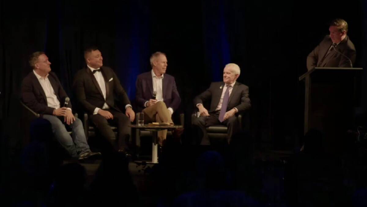 NSW MP John Ruddick, Senator Ralph Babet, former Labor federal minister Gary Johns and Senator Malcolm Roberts discuss emissions on a panel with Topher Field at the lectern. Still from Triple Conference stream