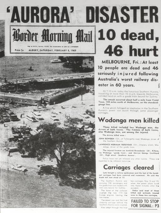 Graphic: The Border Morning Mail's front page from February 8, 1969 outlining the disaster which befell the North East railway line.