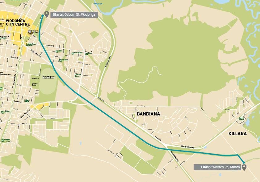Overview: Map showing the 8-kilometre stretch of former railway land which is being sealed for cyclists. Image: WODONGA COUNCIL