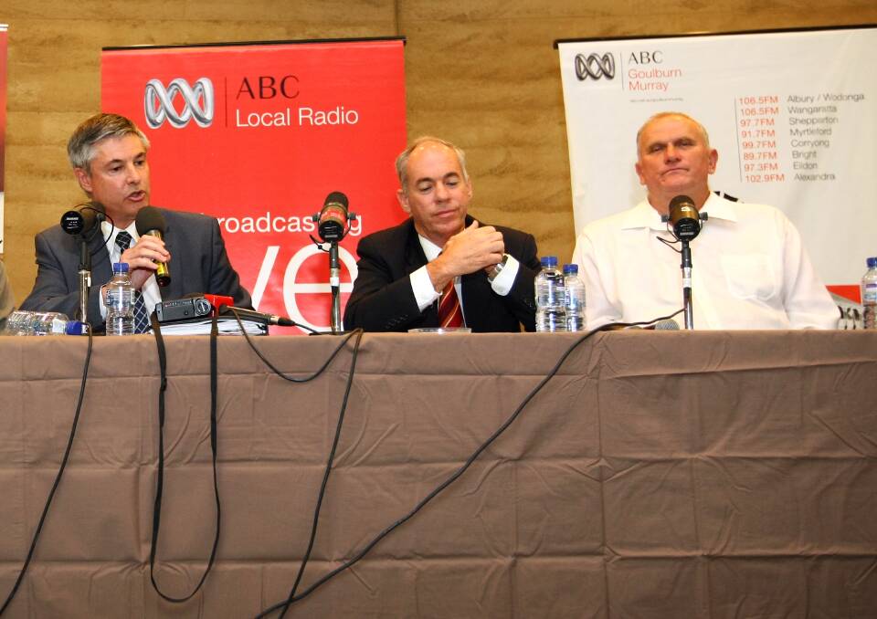 On air: Member for Albury Greg Aplin with election candidates Paul Wareham and Stephen Bingle at a 2011 forum hosted the ABC and Border Mail. 