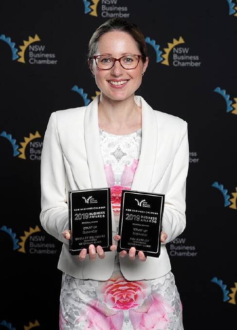 Success: Albury veterinarian Shelley Wiltshire with plaques she and Kim Hawley received for being Start Up Superstar award recipients. Picture: GREGG PORTEOUS 
