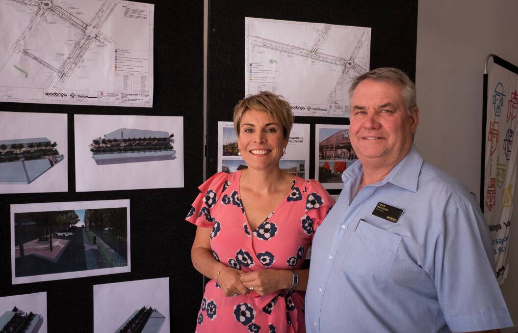 Planning ahead: Wodonga mayor Anna Speedie and councillor John Watson at the shopfront opened by the city to display plans for work along High Street.