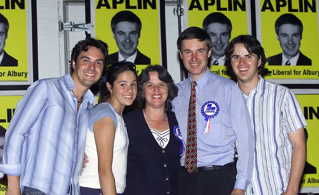 Flashback: Mr Aplin on the night he was elected to parliament in 2003 with wife Jill and children Scott, Kathy and Douglas at his Lavington campaign office.