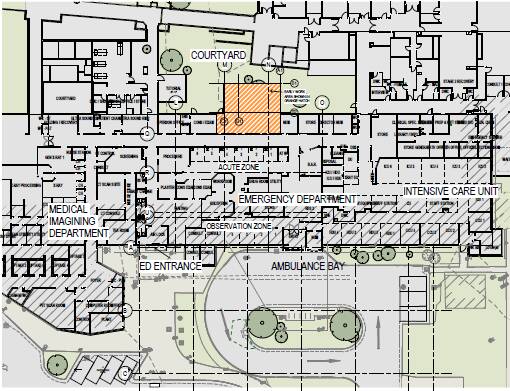 Courting change: The orange coloured area marks the location for the new staffroom which will be built at Albury hospital by the end of the year. It fronts a courtyard and is at the rear of the emergency department.