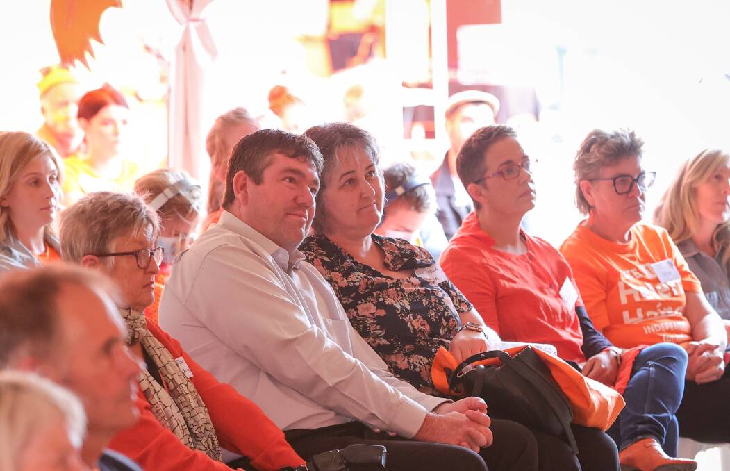 Watching on: Dale Paddle in the front row at Indi MP Helen Haines campaign launch on his Wodonga roundabout land last month. Picture: JAMES WILTSHIRE