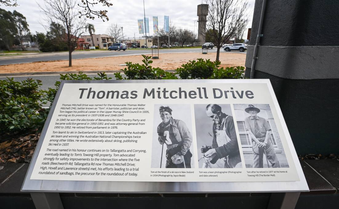 Thomas Mitchell is pictured as a skier, photographer and at home in the three photographs which accompany an outline of his life on a new sign. Picture by Mark Jesser