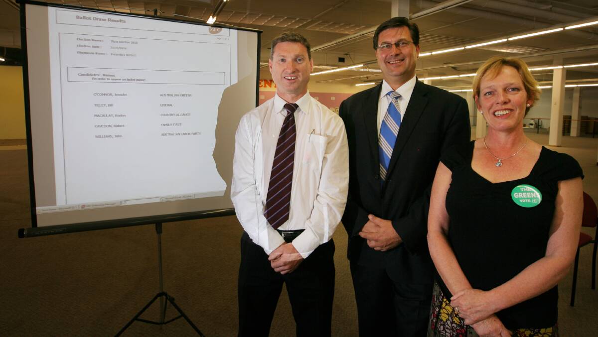 Flashback: The ballot draw for the 2010 Benambra election with candidates John Williams (Labor), Bill Tilley (Liberal) and Jenny O'Connor (Greens). The latter two will contest the seat again with Ms O'Connor an independent this time.