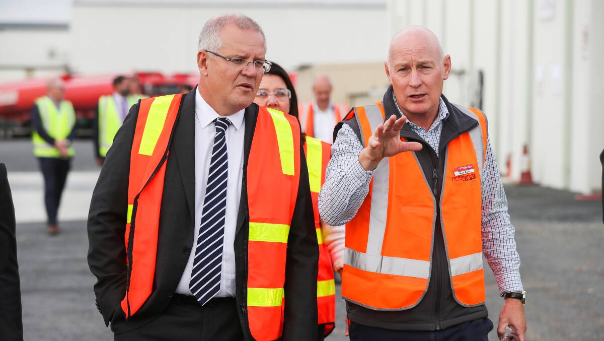 Flashback: Prime Minister Scott Morrison with Ron Finemore Transport managing director Mark Parry during a visit to Wodonga last year. Picture: MARK JESSER