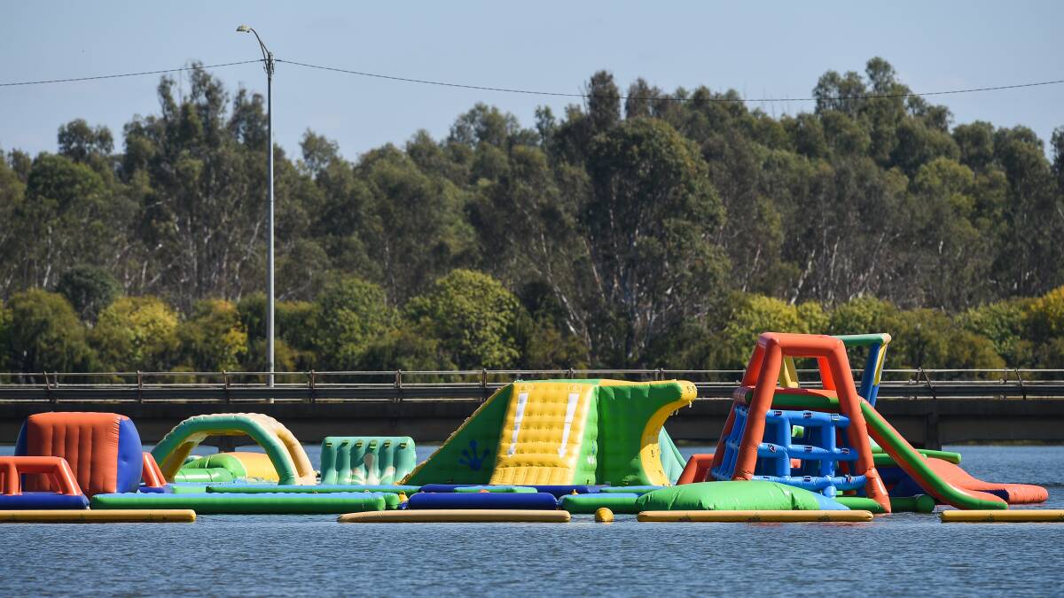 The inflatable equipment on Lake Mulwala near the Yarrawonga foreshore. A similar set-up has been floated for Lake Hume. Picture by Mark Jesser