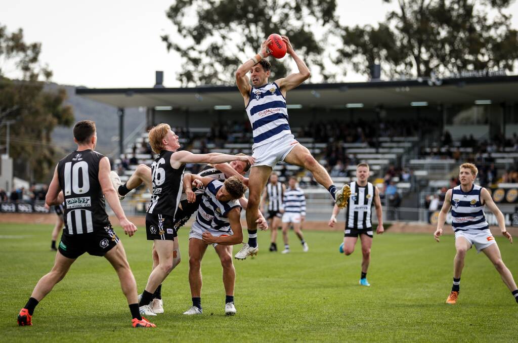 Yarrawonga's Leigh Masters flies high in the 2022 grand final. Picture by James Wiltshire 