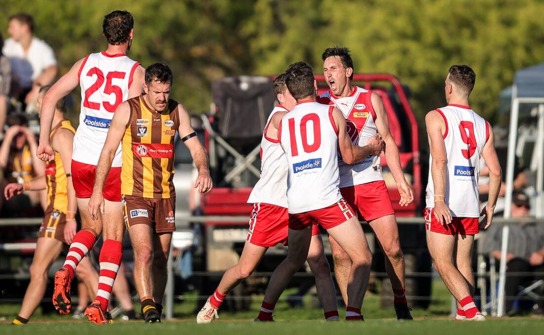 Mark Doolan celebrates one of his five goals in the grand final. Picture by James Wiltshire