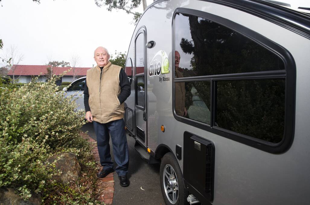 Keith Blackburn with his lightweight Alto caravan, suited to towing by an electric vehicle. Picture: Keegan Carroll