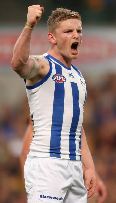 PUMPED UP: Jack Ziebell celebrates a goal in the preliminary final loss to West Coast. He wants the Roos to improve their consistency in 2016. Picture: GETTY IMAGES