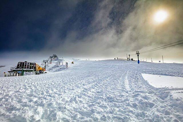 The groomers packing down the fresh snow at Mount Hotham, in preparation for 10 June opening weekend. Up to 30cm has fallen so far. Photo: Instagram @hothamalpineresort