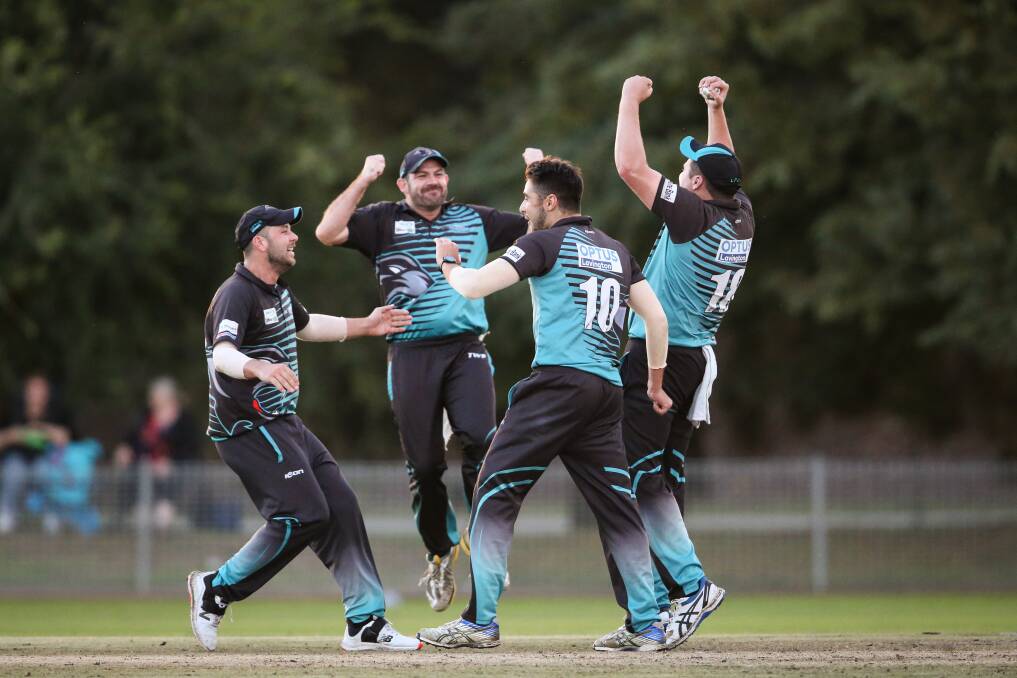 YOU BEAUTY: David Tassell (left), Matt Sharp, Chris and Michael Galvin celebrate the winning moment against the Hoppers. Sharp and Chris Galvin starred in the win.