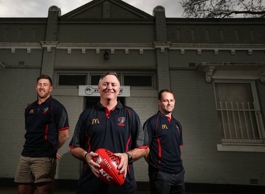 BRAINS TRUST: Wodonga Raiders signed Marc Almond (centre) as
coach on Friday, with top players Isaac Muller (left) and
Jarrod Hodgkin to prove vital as the club chases a
seventh straight finals campaign in 2022.
Picture: JAMES WILTSHIRE