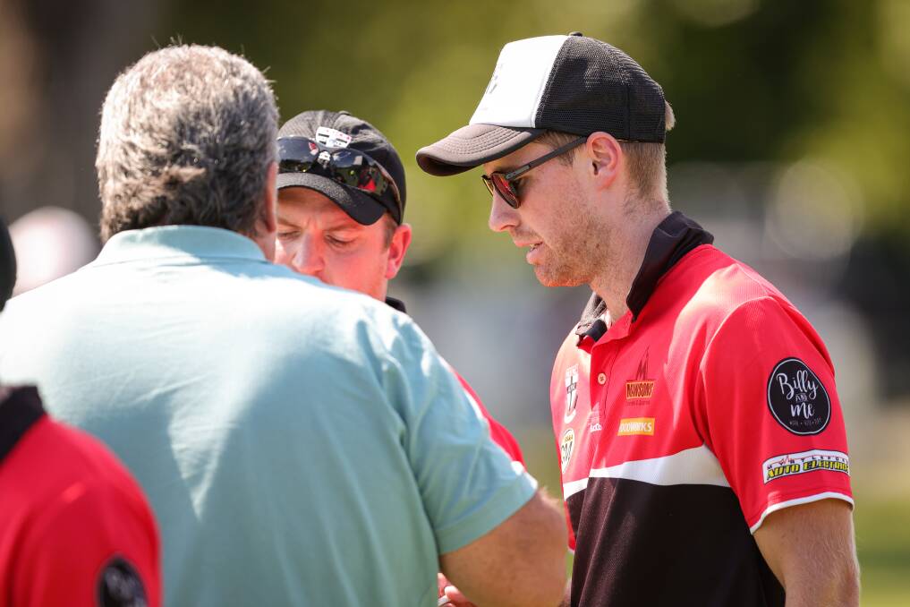 Myrtleford co-coach Jake Sharp (right) during Saturday's practice game against Lavington. Picture: JAMES WILTSHIRE