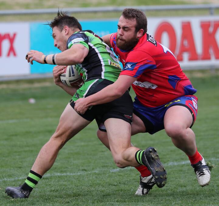 HAT-TRICK: Back-rower Levi Freeman crashes over for one of his tree tries against Wagga Kangaroos. Freeman has been one of the Thunder's best this season.