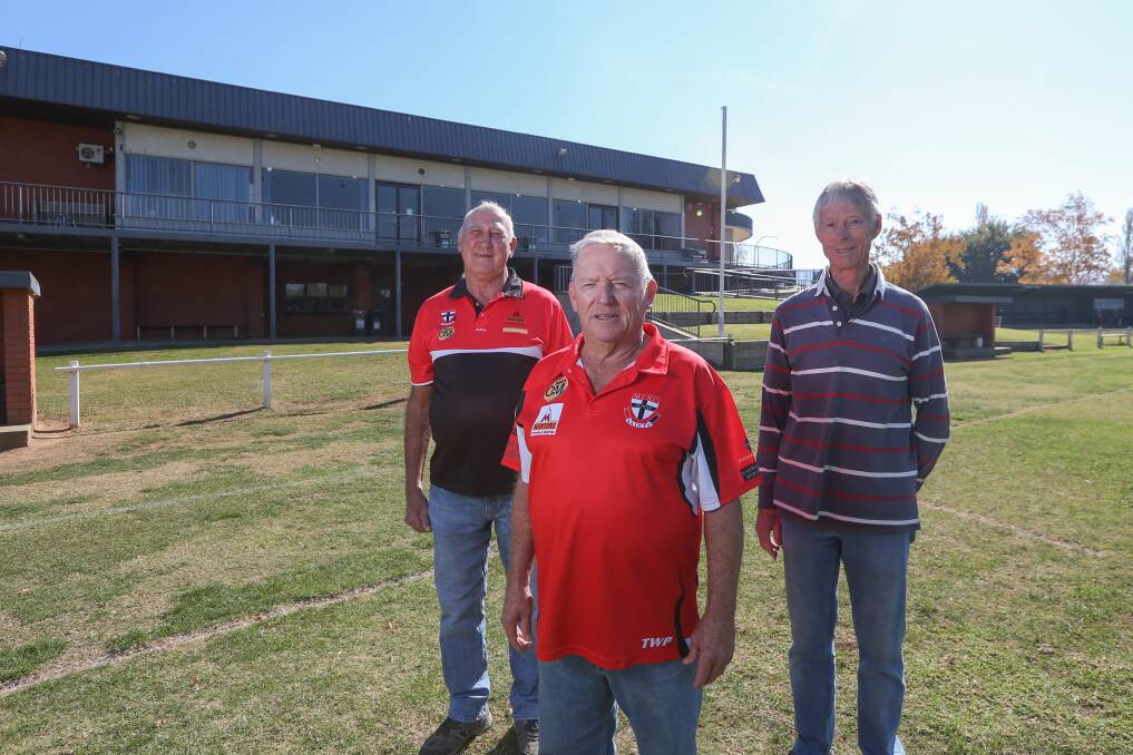 COVID DELAY: Myrtleford will finally celebrate its 1970 premiership with Alan Crisp (left), Denis Piazza and Alan Heberle. Picture: TARA TREWHELLA