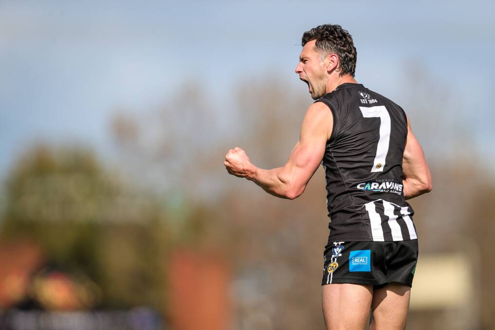 Wangaratta's Mat Grossman celebrates one of his four goals against Wodonga. Picture by James Wiltshire
