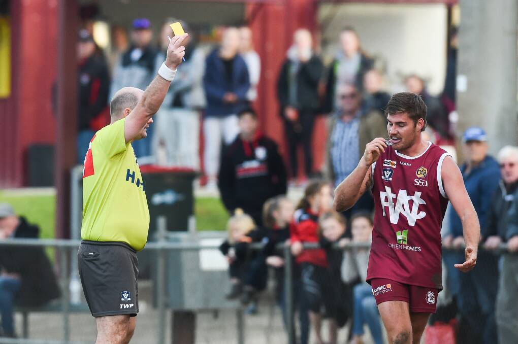 MARCHING ORDERS: Wodonga's Will Stefani was charged and sent off for 15 minutes against Myrtleford on Saturday. He's accepted a two-week ban. Picture: MARK JESSER