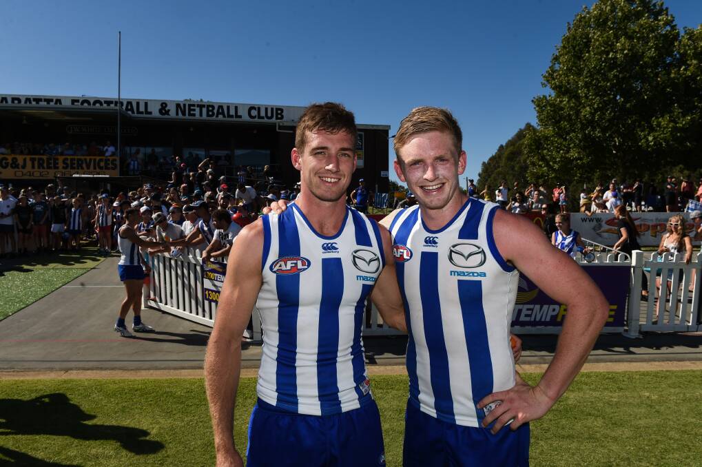 Border and North East products Jack Ziebell (right) and Shaun Atley played for the Roos against St Kilda at Wangaratta's Norm Minns Oval in 2016.