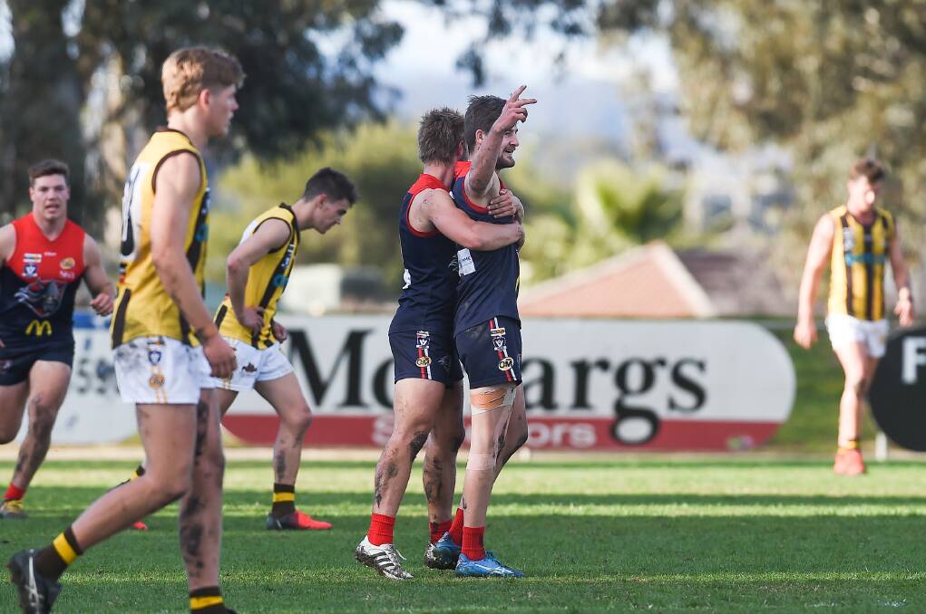 Ethan Boxall celebrates kicking the goal which virtually cruelled Wangaratta Rovers' hopes of playing finals.